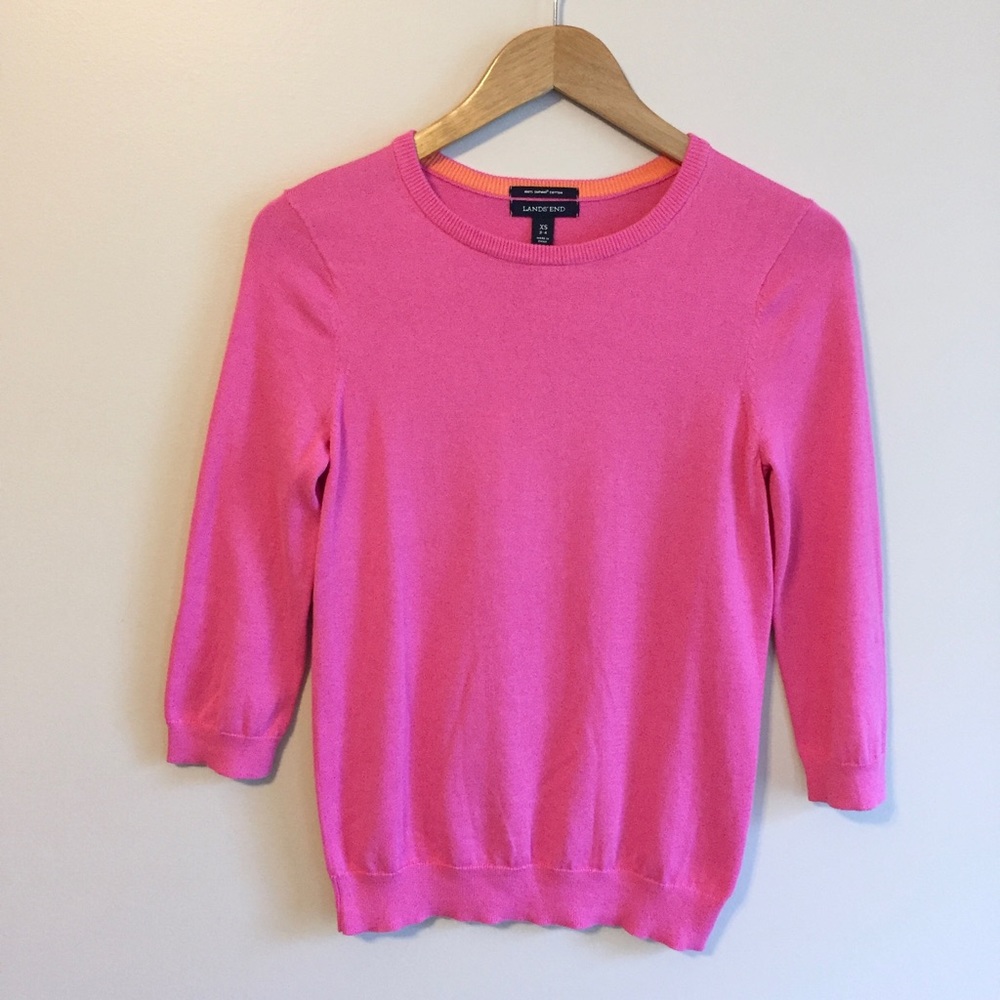 Lands’ End Bright Pink Crewneck Sweater 3/4 Sleeves 100% Supima Cotton